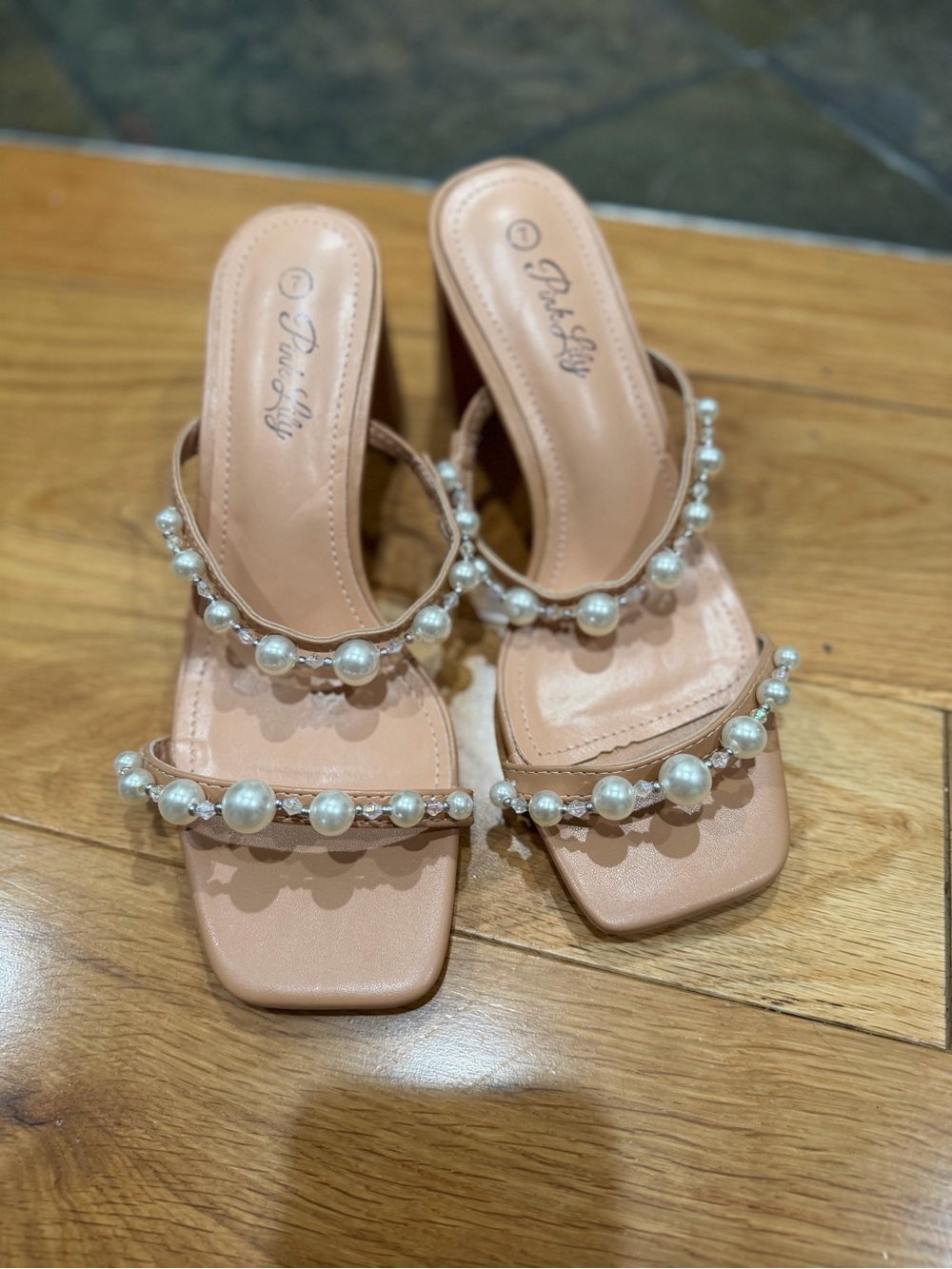 Pink Lily Pearl-Embellished Nude Heels